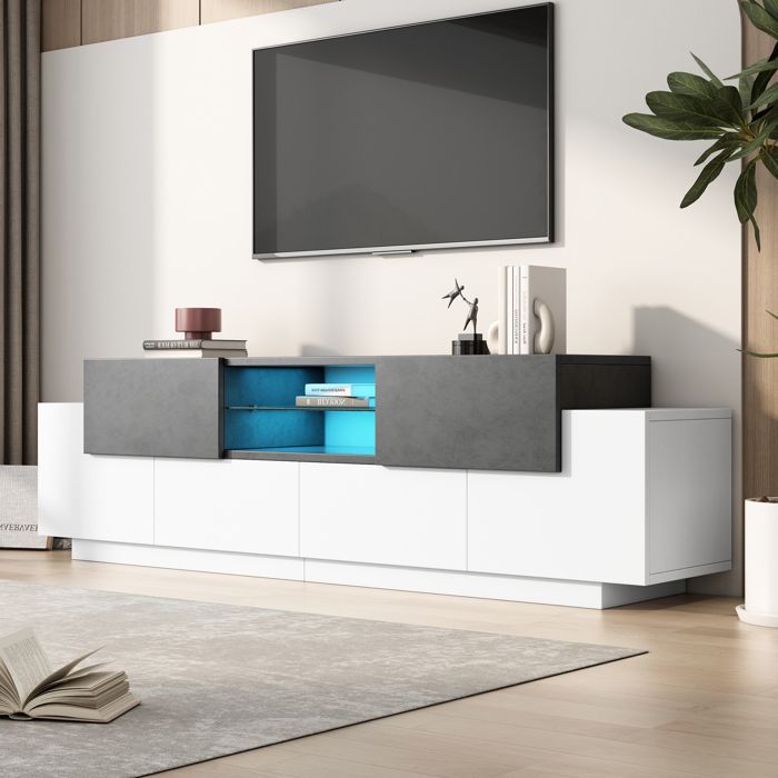 Meuble TV moderne blanc et gris avec étagères en verre - Lowboard rangement pour salon/chambre console gaming Meuble TV moderne blanc et gris avec étagères en verre - Lowboard rangement pour salon/chambre console gaming