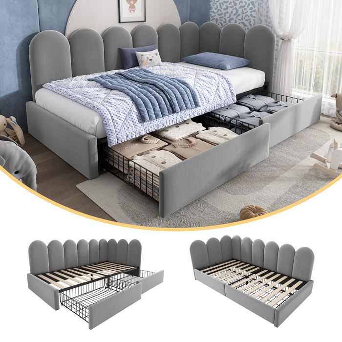 Lit simple rembourré - MERAX - Lit Simple Capitonné 90x190 cm - Velours gris - 2 tiroirs - Sommier inclus Lit simple rembourré - MERAX - Lit Simple Capitonné 90x190 cm - Velours gris - 2 tiroirs - Sommier inclus