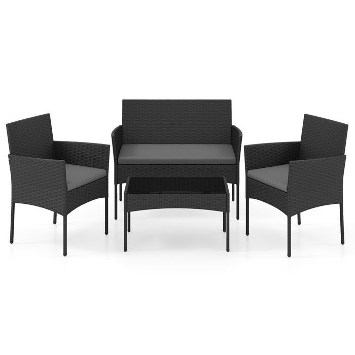 COSTWAY Ensemble 4 Pièces Table et 2 Chaises de Jardin en Rotin PE Causeuse 2 Places Mobilier dExtérieur avec Coussins Gris