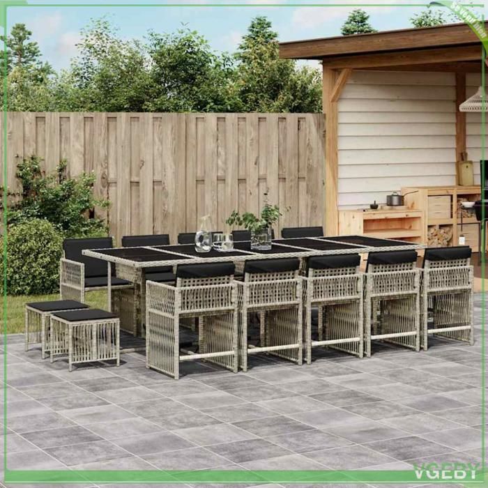 Ensemble à manger de jardin - 3211715 - 10 personnes - Gris clair rotin - Coussins anthracite anti-UV