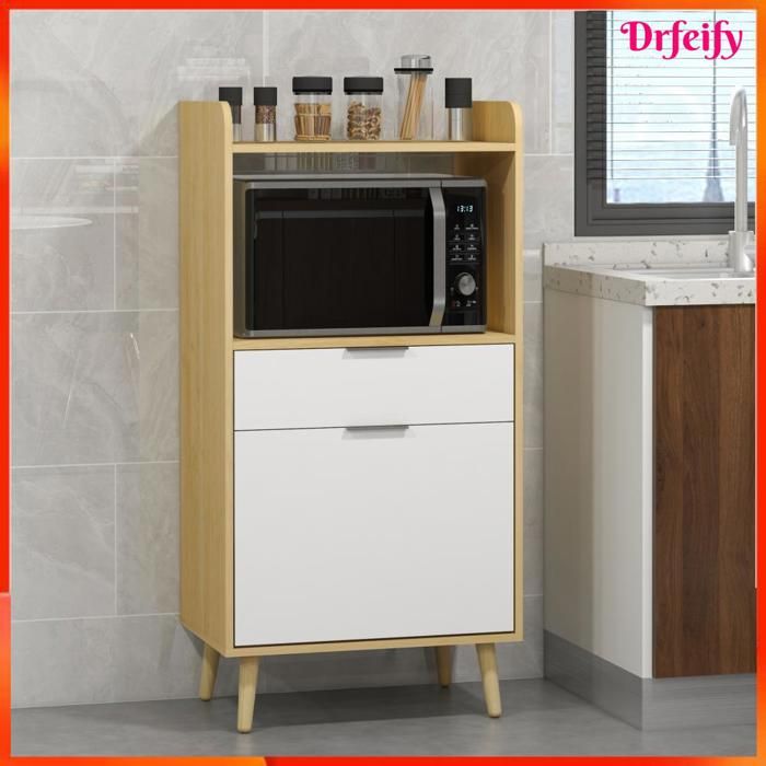 Meuble desserte de cuisine - AKOZON - 58x40x118 cm - Naturel et blanc - Panneaux de particules - Scandinave