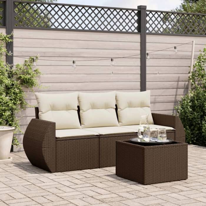 NEW 2026 Salon de jardin lot de 4 Meuble pour 3 personnes avec coussins marron résine tressée 55x62x69 cm S2411