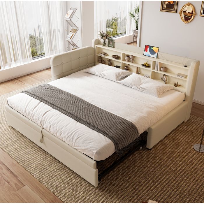 Lit banquette en lin beige avec lit gigogne USB Type-C et rangements