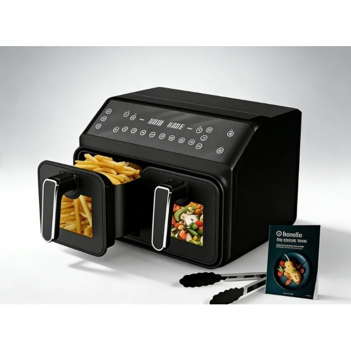 Friteuse sans huile - Airfryer 2 tiroirs - 8L - 2200W -10 programmes de cuisson- LED Noir FRITEUSE ELECTRIQUE