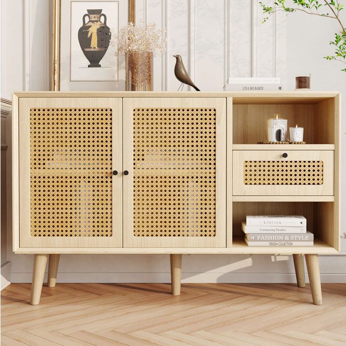 Buffet Bas 2 Portes 1 Tiroir et 2 Niches Étagère Réglable - YEAVIO - Aspect Chêne Effet Rotin 120×40×80 cm