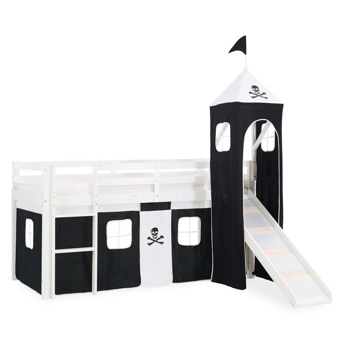 Lit mezzanine pour enfants 90 x 200 cm blanc avec rideau noir Tour Toboggan Sans sommier à lattes Lit mezzanine pour enfants 90 x 200 cm blanc avec rideau noir Tour Toboggan Sans sommier à lattes