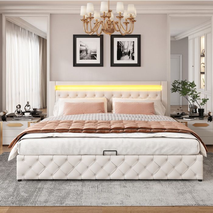 Lit Coffre Lit Double 180x200 cm Avec LED Et Sommier à Lattes Pu Blanc