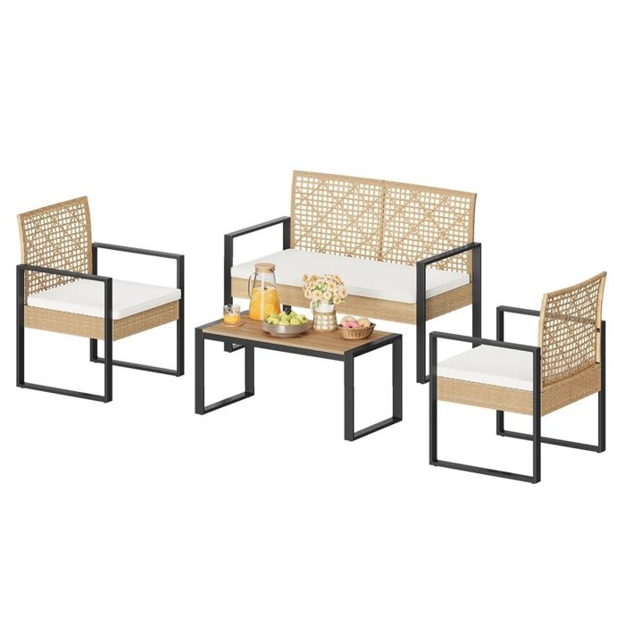 WOLTU Salon de Jardin Extérieur en Rotin PE et en Lattes PS avec Cadres en Métal Mobilier de Balcon 4 Places pour Jardin Balcon WOLTU Salon de Jardin Extérieur en Rotin PE et en Lattes PS avec Cadres en Métal Mobilier de Balcon 4 Places pour Jardin Balcon