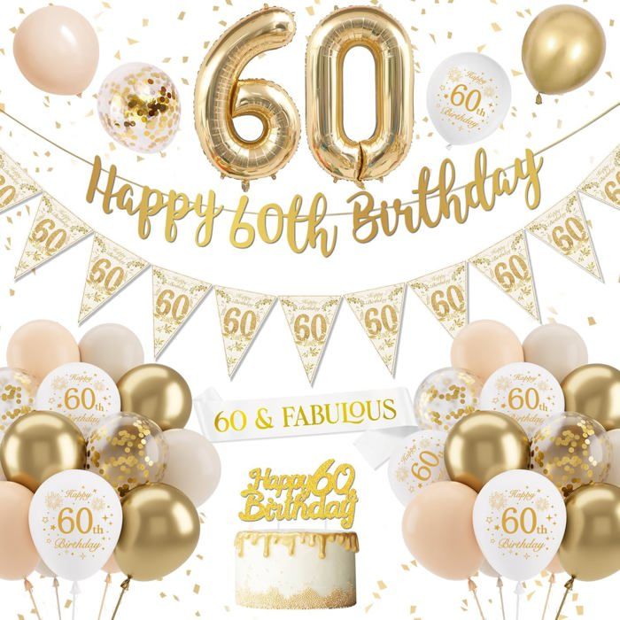 Décoration Anniversaire 60 Ans Femme - Ballons Blanc Et Or Confettis Latex Bannière Joyeux Anniversaire[DA22]