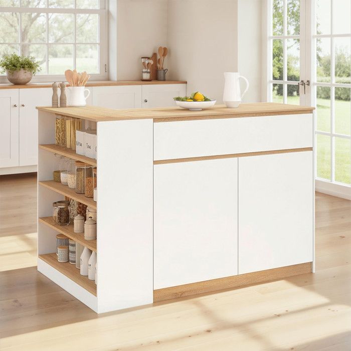 IDMARKET Ilot central TOMI 130 cm 2 personnes double plateau bois blanc avec plan de travail façon hêtre IDMARKET Ilot central TOMI 130 cm 2 personnes double plateau bois blanc avec plan de travail façon hêtre