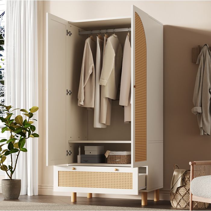 Armoire penderie 855x52x1805 cm avec 2 portes et 1 tiroir étagères réglables bois blanc