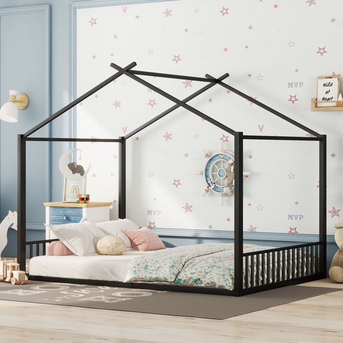 Lit Cabane Enfant 140 × 200 cm 2 Places avec 14 Lattes Sans Matelas Métal Noir - UVRION