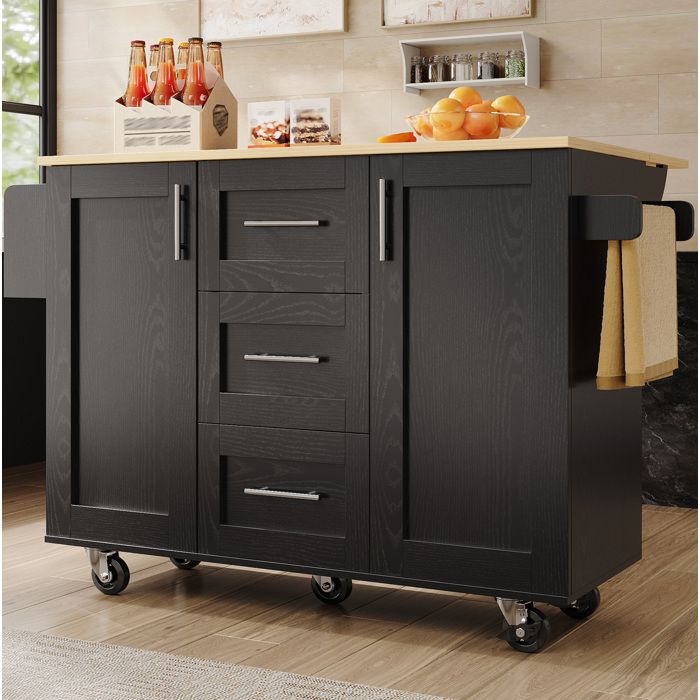 Desserte de cuisine135x46-74x86.6 cm plateau rabattable 3 tiroirs 5 roulettes MDF et métal noir
