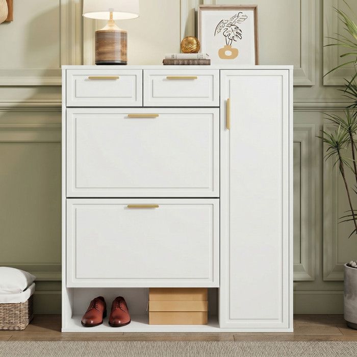 Armoire à chaussures Moderne avec étagères réglables poignées dorées tiroirs+armoire à chaussures pliante portes blanc 95x24x107.5cm
