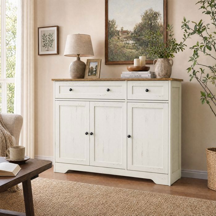 Buffet avec Étagères Réglables 2 Tiroirs 3 Portes pour Salle à Manger Style Maison de Campagne Blanc Buffet avec Étagères Réglables 2 Tiroirs 3 Portes pour Salle à Manger Style Maison de Campagne Blanc