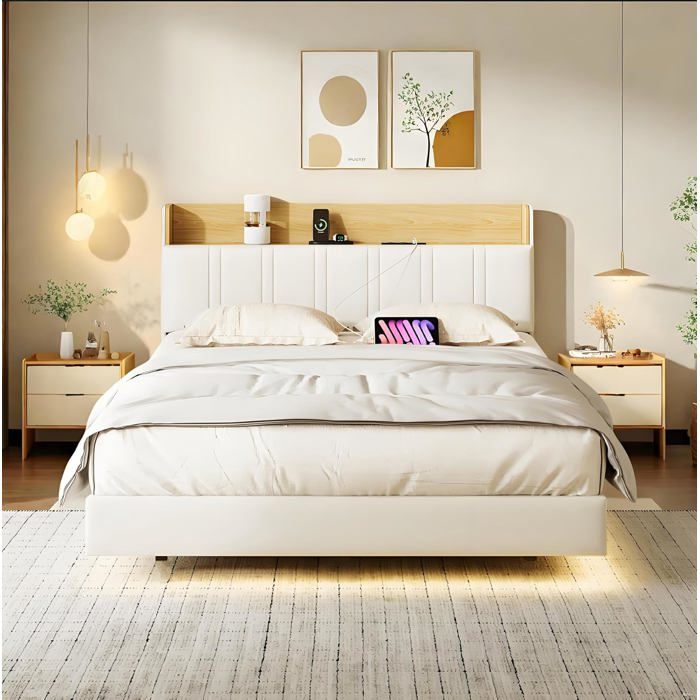 Lit double coffre 160x200 en lin gris éclairage LED ports USB grand rangement sous lit pour deux personnes