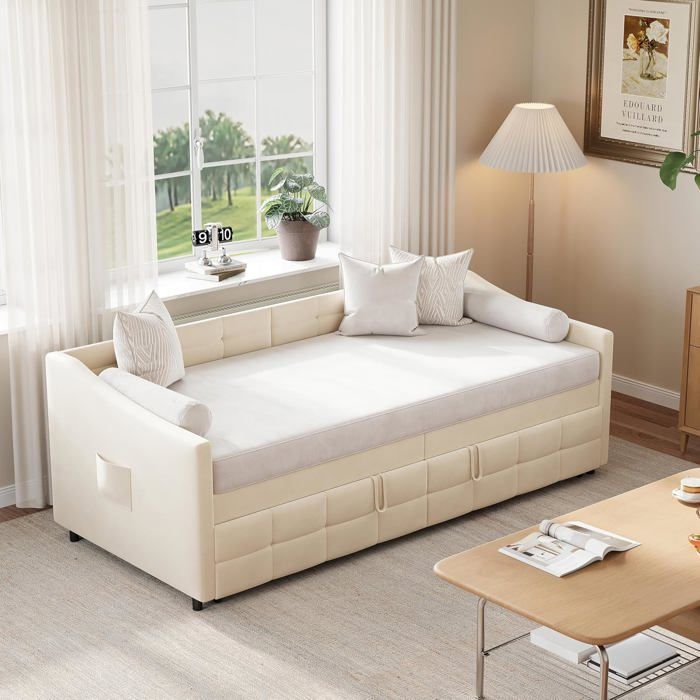 Canapé-lit convertible blanc lait 90x200 simple/double amovible structure lattes velours sans matelas