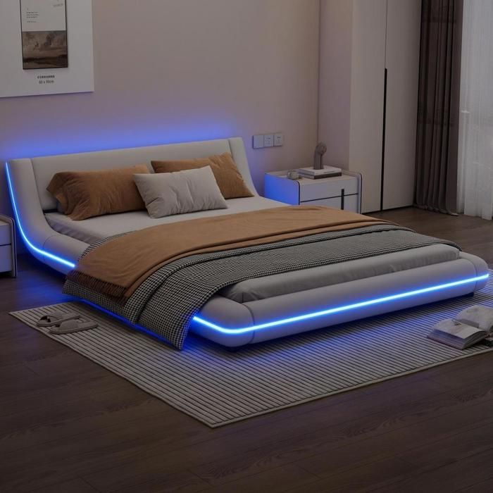 Lit plateforme - KOMHTOM - 140 x 200 cm - LED RGB ambiante - Structure MDF/PU - Sommier à lattes inclus Lit plateforme - KOMHTOM - 140 x 200 cm - LED RGB ambiante - Structure MDF/PU - Sommier à lattes inclus