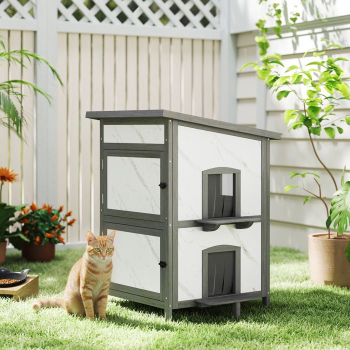 Maison d’extérieur pour chat en bois 60 x 60 x 88 cm blanc plusieurs entrées fenêtre imperméable