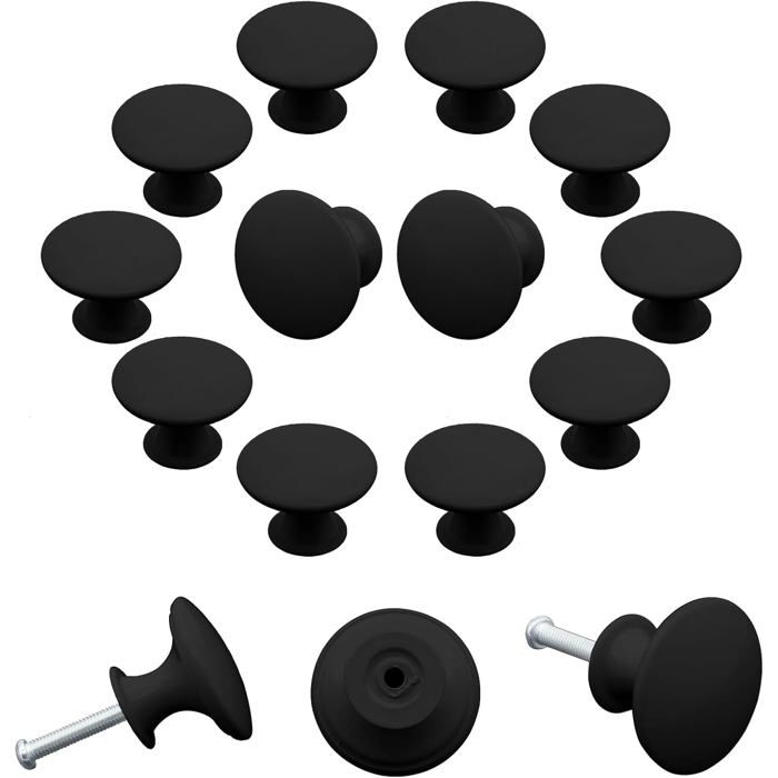 Lot de 12 boutons de meuble ronds noirs mats 30 mm poignées en métal pour tiroir armoire et placard