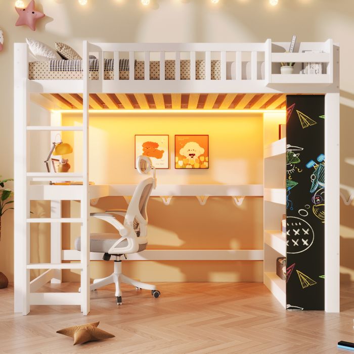 Lit mezzanine 90x200cm blanclit enfant tableau noir bureau détagères lit simple de compartiments de rangement et éclairage LED