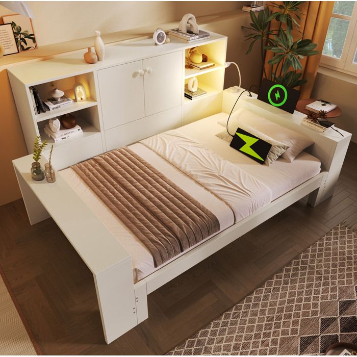 Lit gigogne 90x200/180x200 blanc avec rangement USB/USB-C lampe de lecture et sommier à lattes inclus