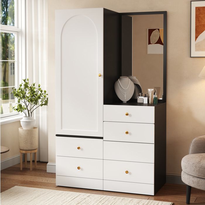 Coiffeuse avec armoire EVRYAE 90 x 50 5 x 160 cm miroir pleine longueur 4 tiroirs tabouret escamotable MDF