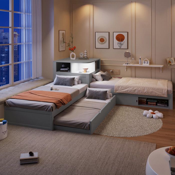 Lit 90x200 avec lit gigogne pratique et porte de rangement coulissante Lit plateforme en L avec veilleuse incluse Gris