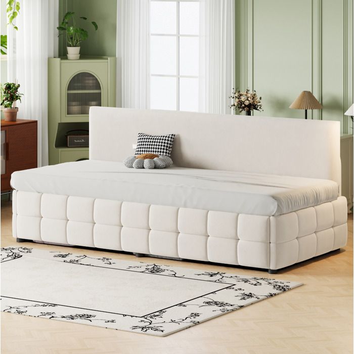 COVREO Lit simple rembourre 90 x 200 cm avec coffre de rangement hydraulique velours beige dossier sans accoudoirs