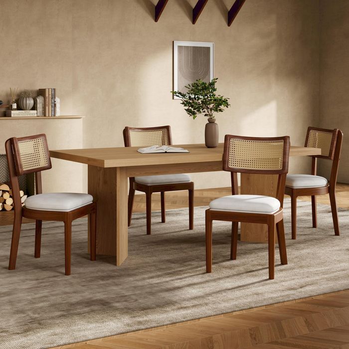 Chaises de salle à manger en bois - Lot de 4 pièces - Bois massif - Dossier en rotin - Coussin en lin - Design moderne