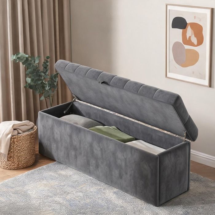 Banc de chambre avec rangement en velours cool gray 138 x 41 cm assise confortable