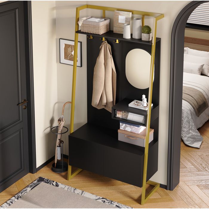 Vestiaire D Entree Compact Noir Meuble De Hall Moderne FloraGrace Pour Entree Miroir Et Rangement 78x38.5x180.5cm