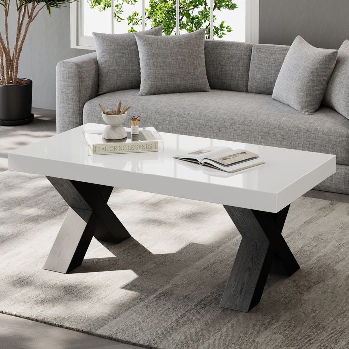 Table Basse avec Large Plateau Blanc Brillant et Pieds Noirs en X - TCQPZ - pour Salon - MDF - Blanc et Noir