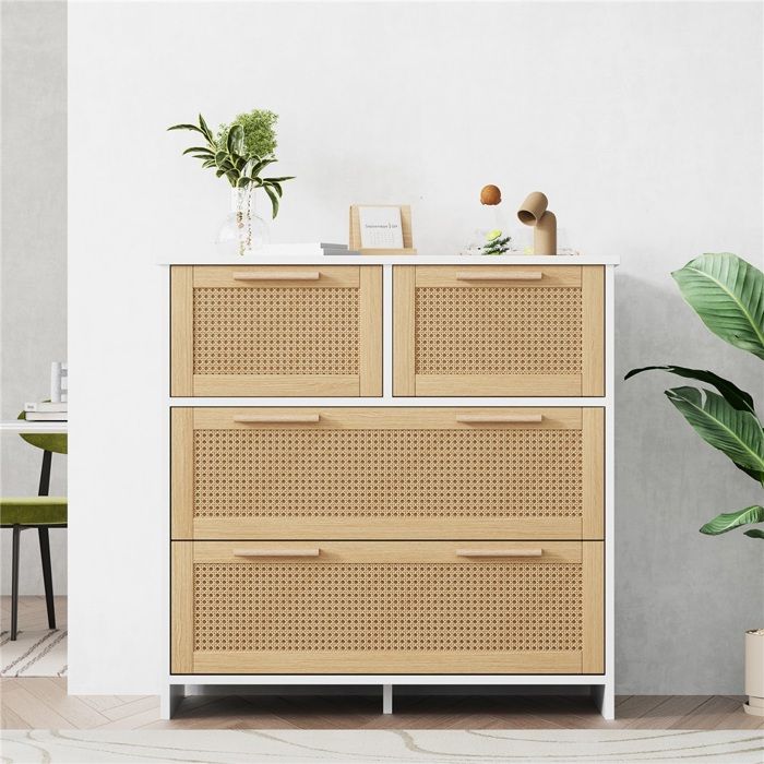 Buffet rangement rotin 80x80x38 cm 4 tiroirs avec poignées massives style épuré scandinave pour chambre à coucher Buffet rangement rotin 80x80x38 cm 4 tiroirs avec poignées massives style épuré scandinave pour chambre à coucher
