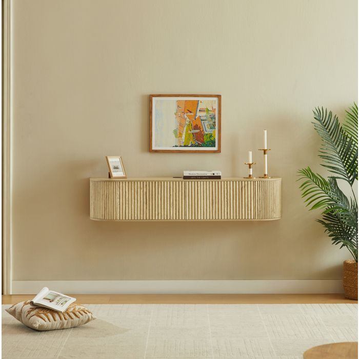 Meuble TV suspendu mural 140 cm aspect bois naturel 2 portes passage de câbles fermeture douce
