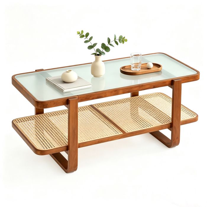 GIANTEX Table Basse Rectangulaire à 2 Niveaux Plateau en Verre Trempé Étagère en Rotin Tressé 105 X 50 5 X 45 CM Design Cannage