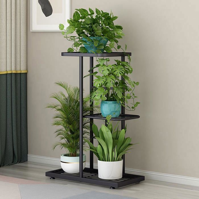 Koioplie Support Plante Métal 3 Étages - Étagère à Fleurs dAngle pour 4 Pots - Jardin/Balkon/Terrasse - Gris
