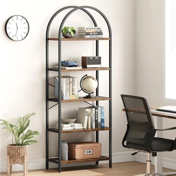JOLLYTOP Bibliothèque Arche Industrielle 5 Niveaux - Étagère Métal et MDF Hauteur 180cm - Salon/Bureau/Chambre - Noir/Retro