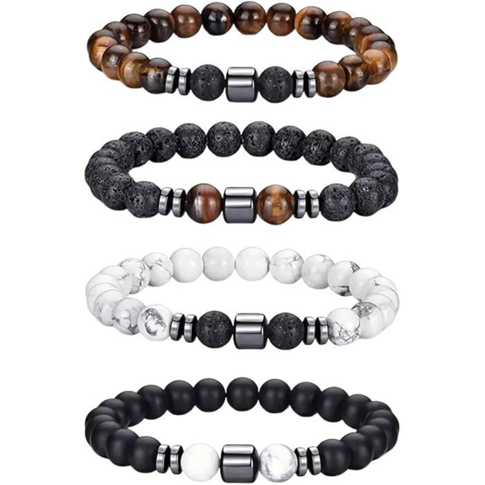 Bracelet Homme - Lot de 4 - Pierre Naturelle - Extensible - Œil de Tigre et Lave - Cadeau BOX
