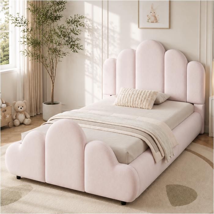 Lit enfant rembourré - MERAX - Lit 90 x 200 cm - Velours rose - Design nuage angles arrondis - Sommier à lattes inclus Lit enfant rembourré - MERAX - Lit 90 x 200 cm - Velours rose - Design nuage angles arrondis - Sommier à lattes inclus