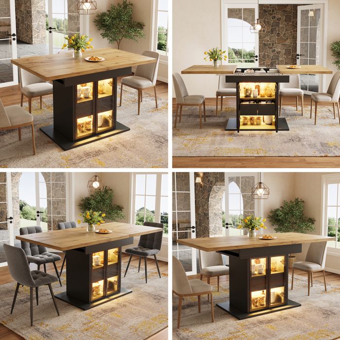 Table à manger extensible avec rangement - 110–140 cm - Éclairage LED RGB - Espace de rangement intégré