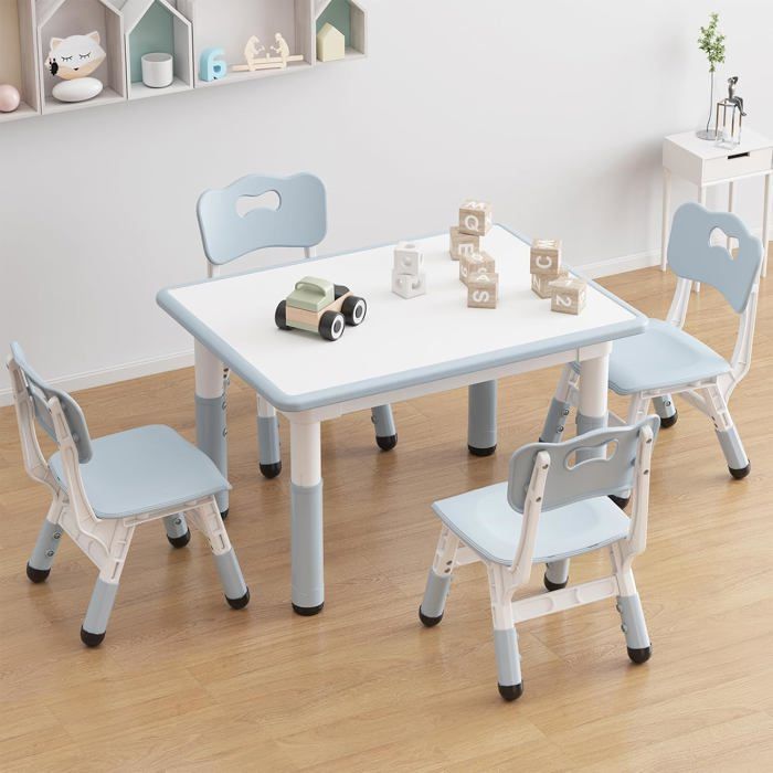 Table et 4 Chaises Enfants Hauteur Réglable avec Plateau à Graffiti avec Tableau Effaçable Coins Arrondis Antidérapants Bleu