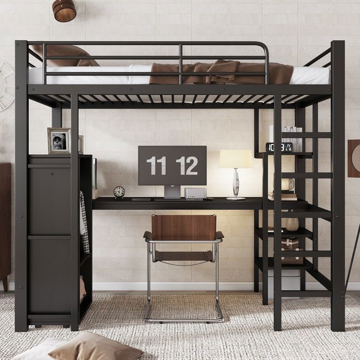 Lit mezzanine garçon métal 90x200 cm - Lit mezzanine enfant avec bureau et armoire et étagères - Sommier inclus - noir