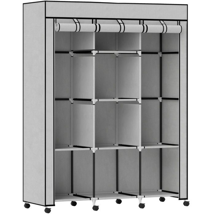 Penderie souple grise avec 2 barres de penderie et 8 étagères 125 x 43 x 162 5 cm