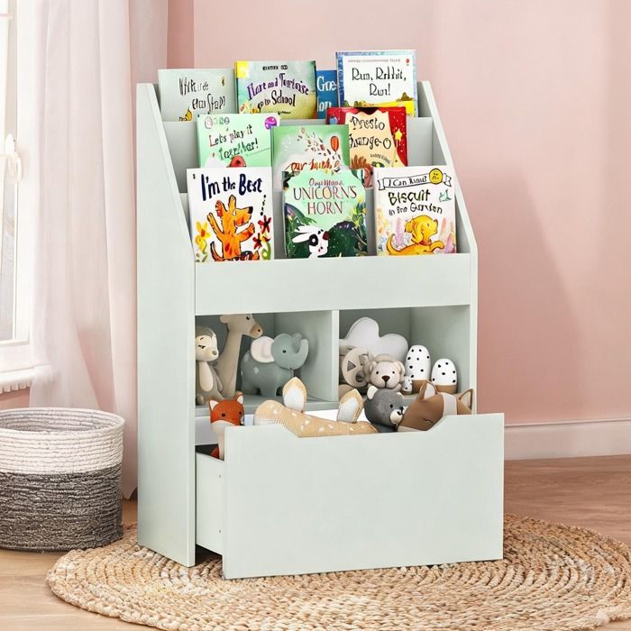 Bibliothèque Enfant MDF 60x30x90 cm 3 Étagères 2 Niches Tiroir sur Roulettes Vert