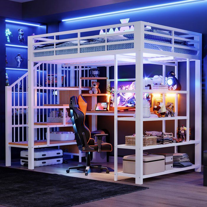 Lit mezzanine 140x200 avec bureau rangements et LED pour adulte