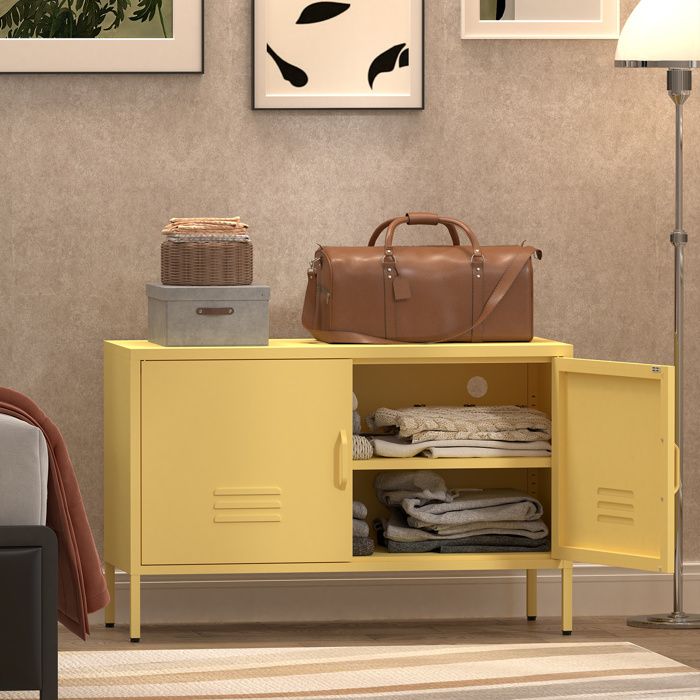 Buffet bas de rangement jaune en métal 2 portes étagère réglable et passe-câbles 100 x 40 x 65 cm