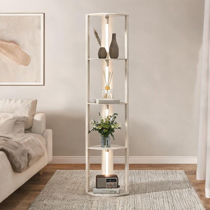 Lampadaire dappoint en MDF finition chêne structure à colonne et 4 étagères éclairage LED 3 niveaux 41 x 29 5 x 163 5 cm