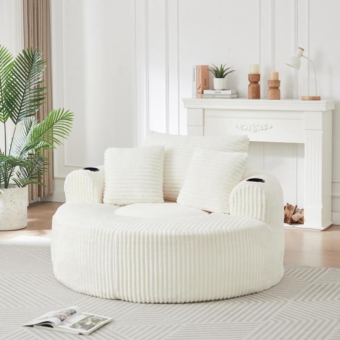 Fauteuil 2 places - 142x142x63 cm - Fauteuil Poire Indépendant en Velours Côtelé avec 3 Coussins et 2 Porte-Gobelets - Blanc