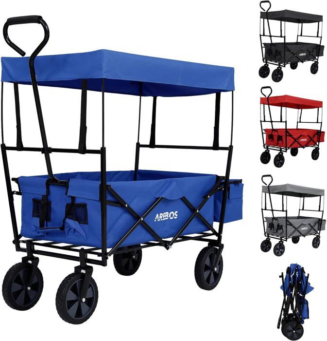 Chariot de transport pliable avec toit - AREBOS - Bleu - Capacité de Charge de 70 kg Max